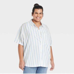 Women's Plus Size Short Sleeve Button-Down Shirt-Ava & Viv Blue Striped 2X NWT 2